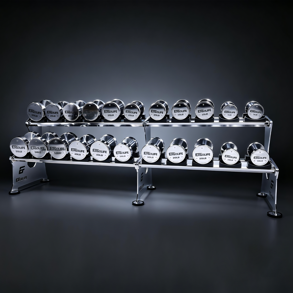 ERGOLIFE WCORE CHROME HEAVY | Commercial Chrome Dumbbell Set 5–140 lb