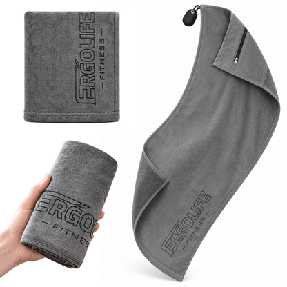 ERGOLIFE Anti-Slip Fitness Towel for Workout Benches & Cardio – Sweat Absorbent Microfiber with Phone & Key Storage Pouch