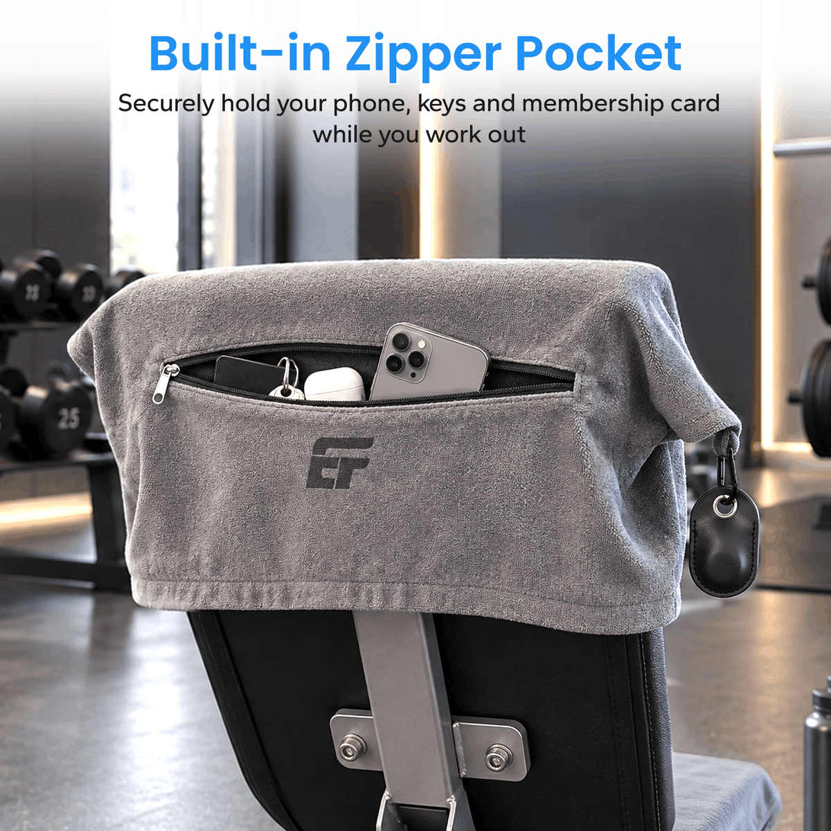 ERGOLIFE Anti-Slip Fitness Towel for Workout Benches & Cardio – Sweat Absorbent Microfiber with Phone & Key Storage Pouch