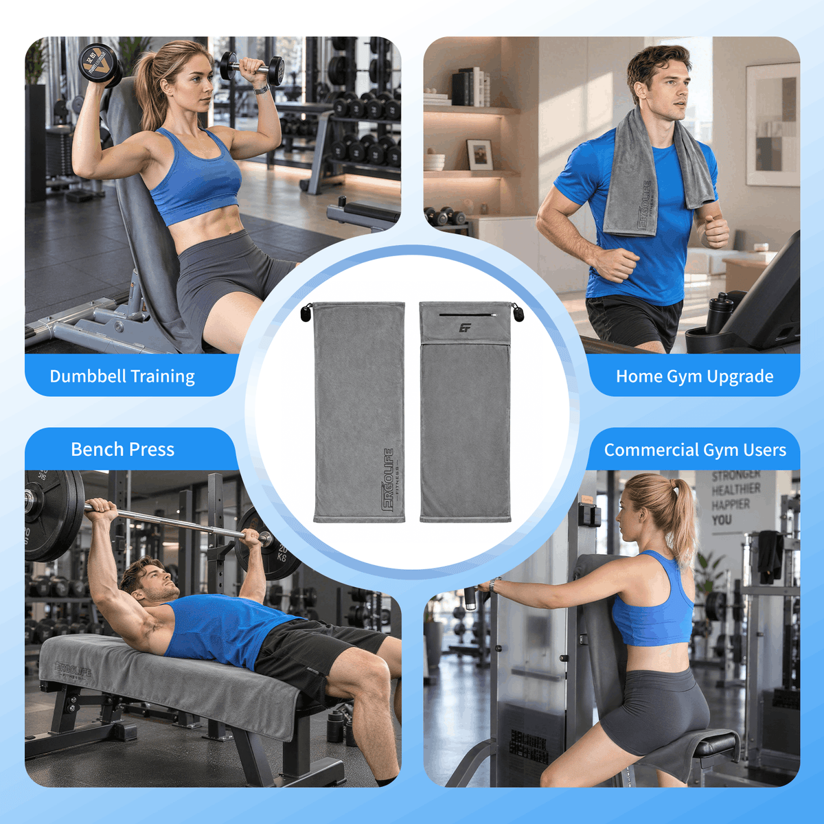 ERGOLIFE Anti-Slip Fitness Towel for Workout Benches & Cardio – Sweat Absorbent Microfiber with Phone & Key Storage Pouch