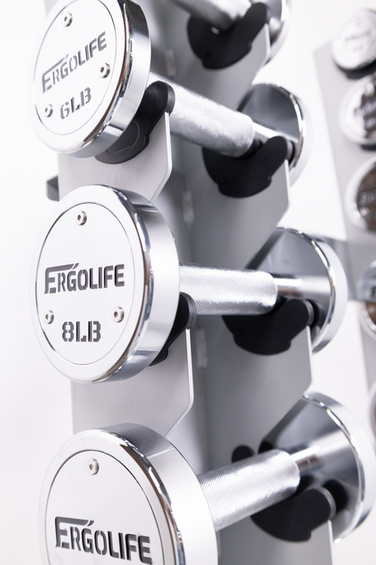 ERGOLIFE Studio-Grade Chrome Dumbbell Set with Vertical A-Frame Rack (2-20 LBS)