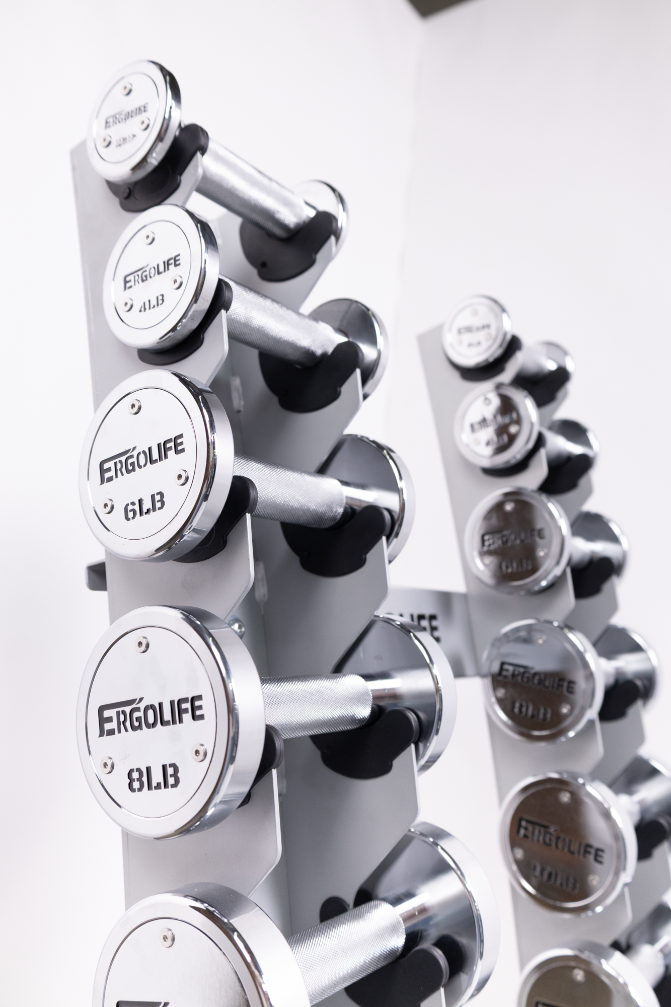 ERGOLIFE Studio-Grade Chrome Dumbbell Set with Vertical A-Frame Rack (2-20 LBS)