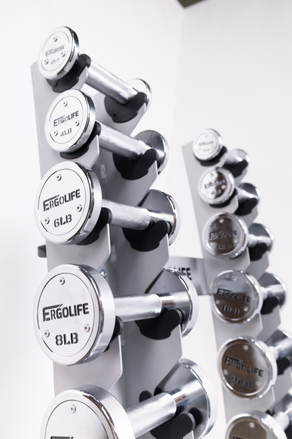 ERGOLIFE Studio-Grade Chrome Dumbbell Set with Vertical A-Frame Rack (2-20 LBS)
