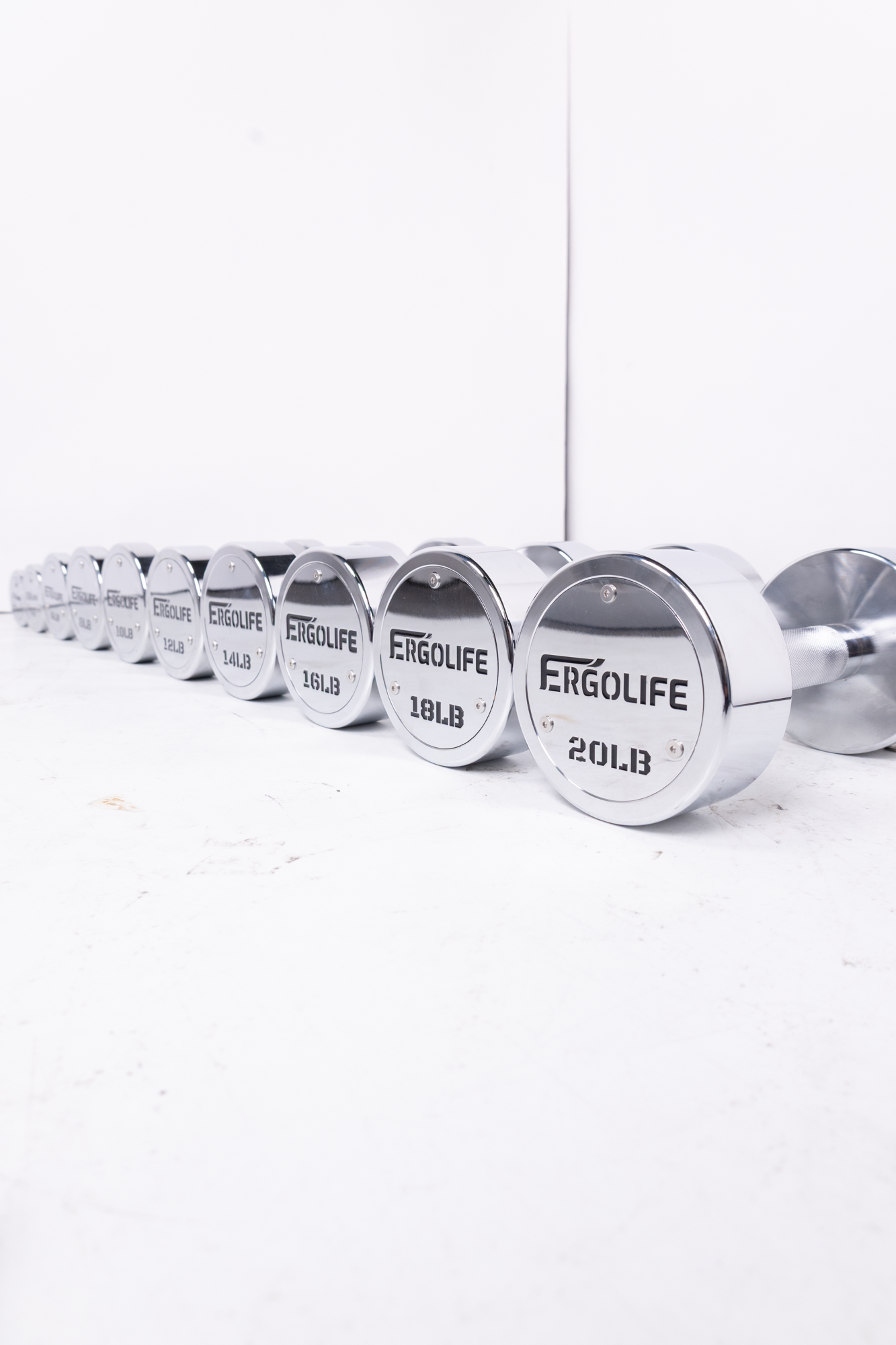 ERGOLIFE Studio-Grade Chrome Dumbbell Set with Vertical A-Frame Rack (2-20 LBS)