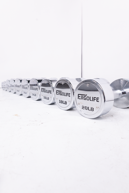 ERGOLIFE Studio-Grade Chrome Dumbbell Set with Vertical A-Frame Rack (2-20 LBS)