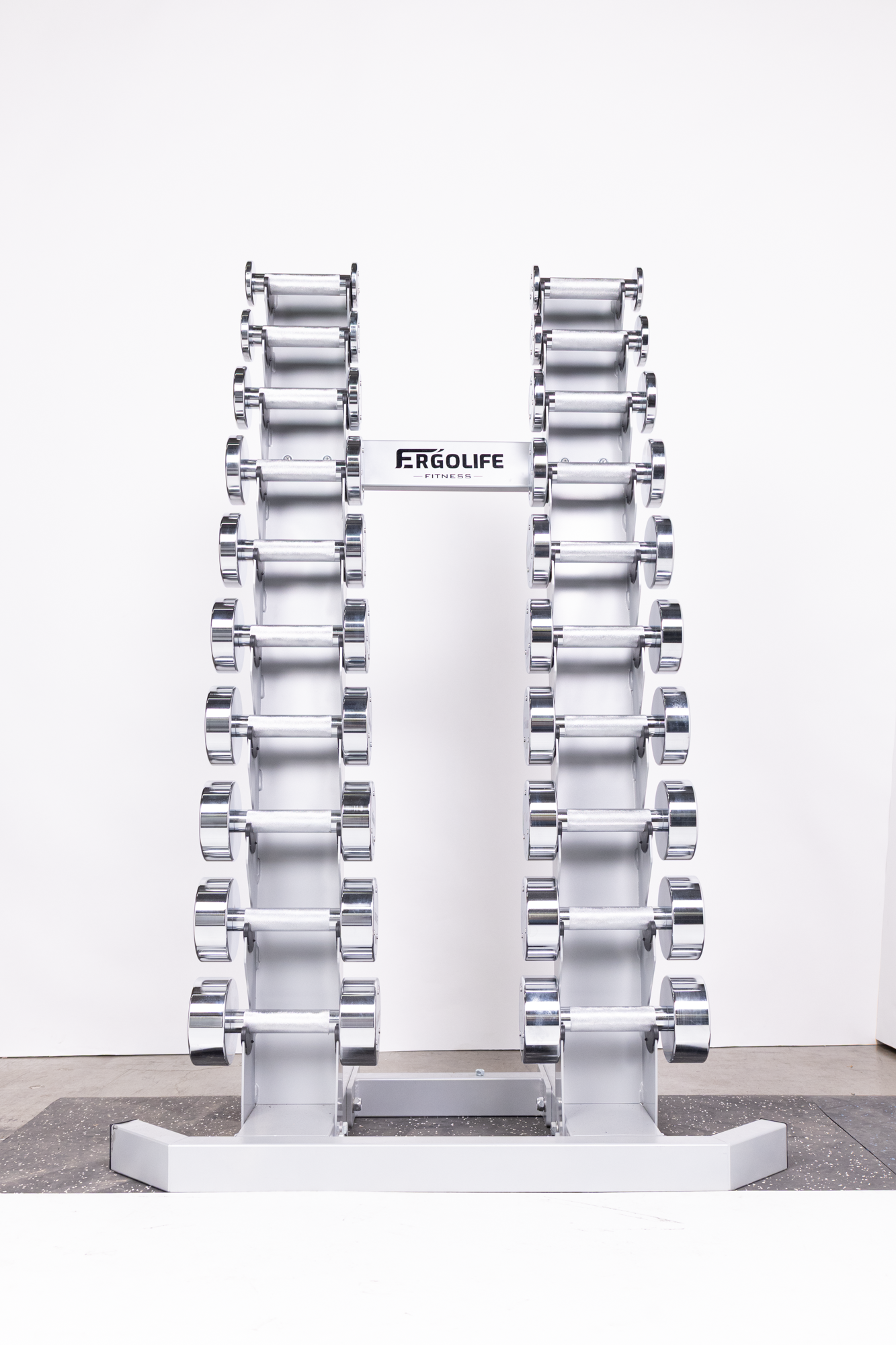 ERGOLIFE Studio-Grade Chrome Dumbbell Set with Vertical A-Frame Rack (2-20 LBS)