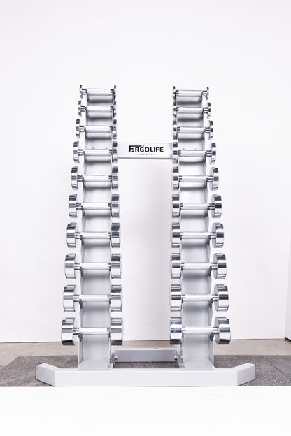 ERGOLIFE Studio-Grade Chrome Dumbbell Set with Vertical A-Frame Rack (2-20 LBS)