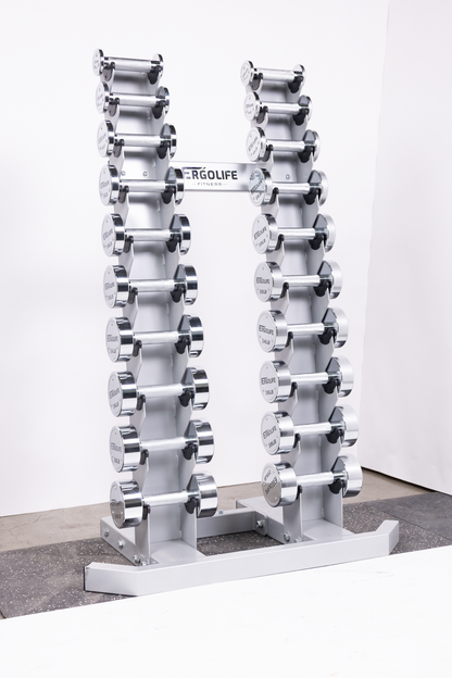 ERGOLIFE Studio-Grade Chrome Dumbbell Set with Vertical A-Frame Rack (2-20 LBS)